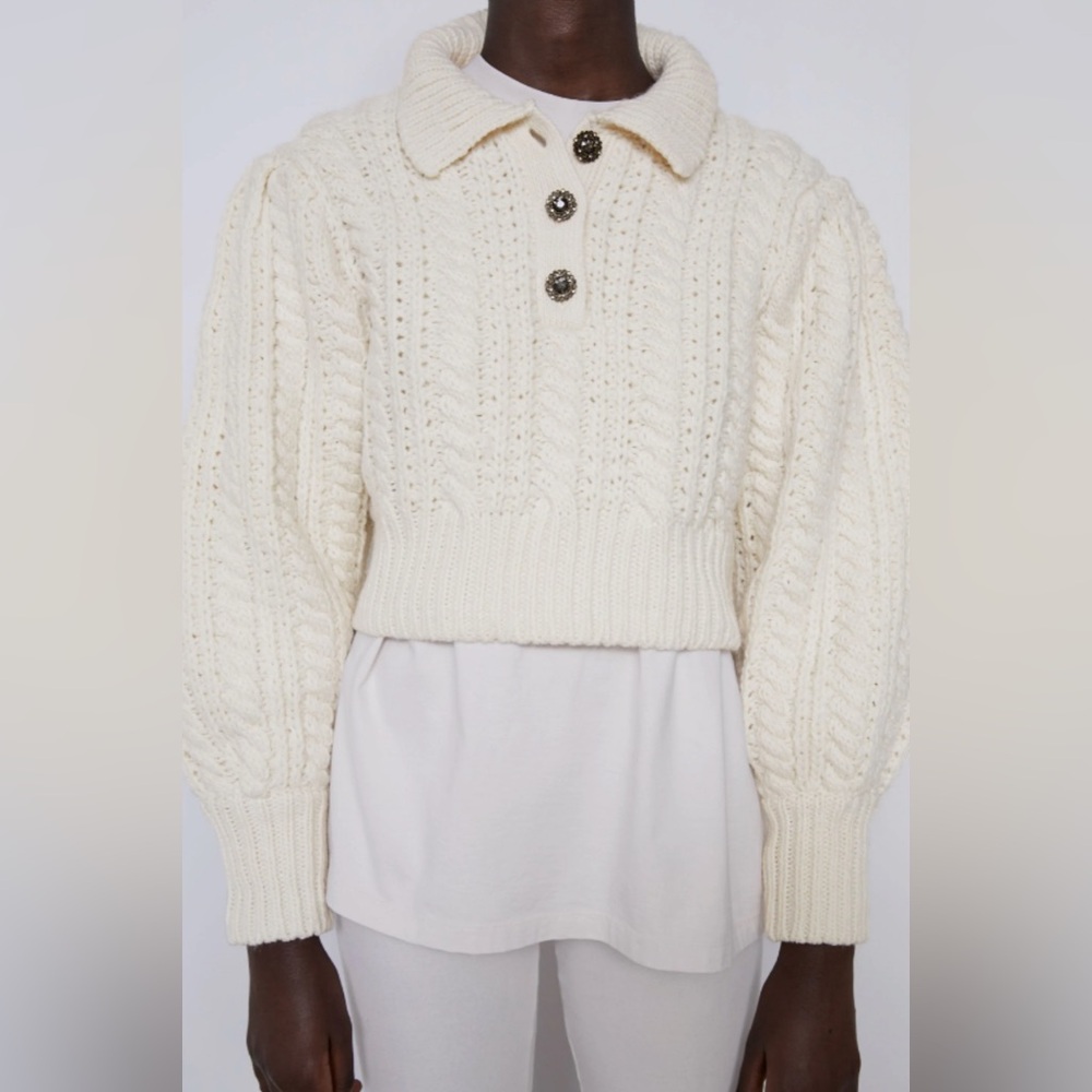 Zara Jeweled Button Cableknit Cozy Cream Cable Knit Sweater